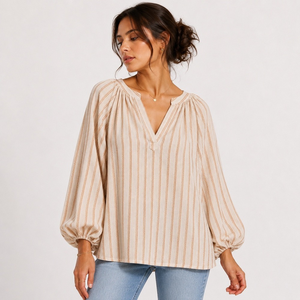 Brown Cream Striped Peasant Blouse Large Balloon Sleeve Romantic Boho Earthy